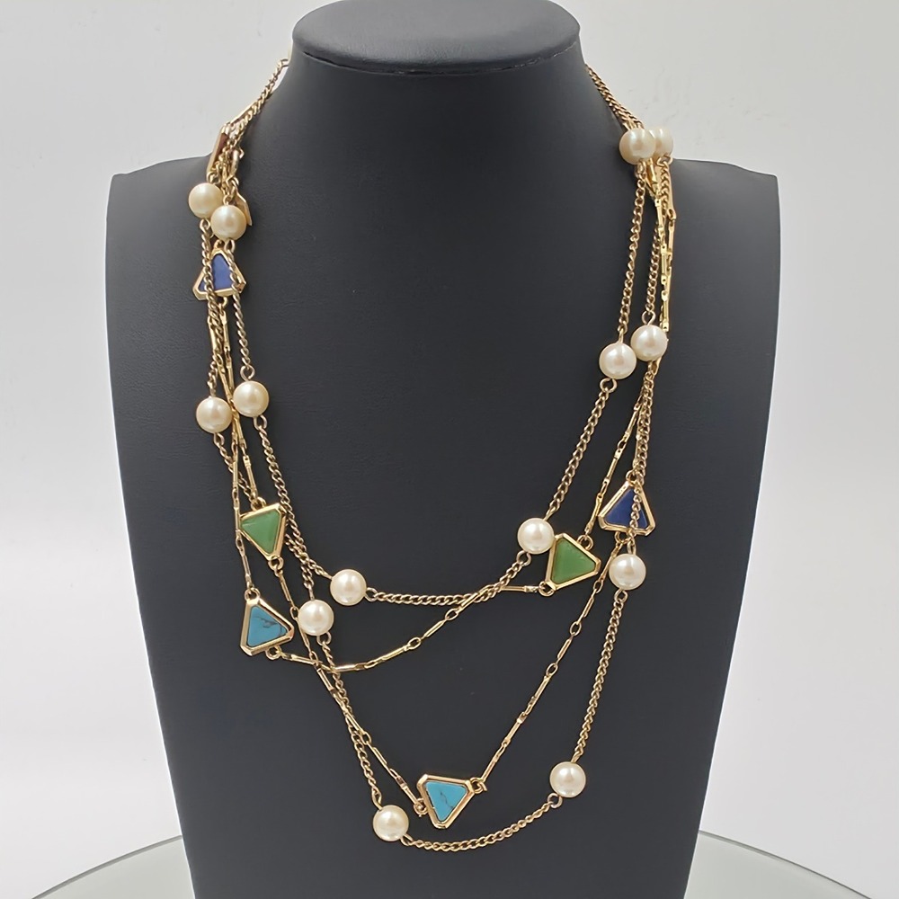 Lauren Ralph Lauren Layered Necklace Womens OS Gold New Pearl Geometric Triangle
